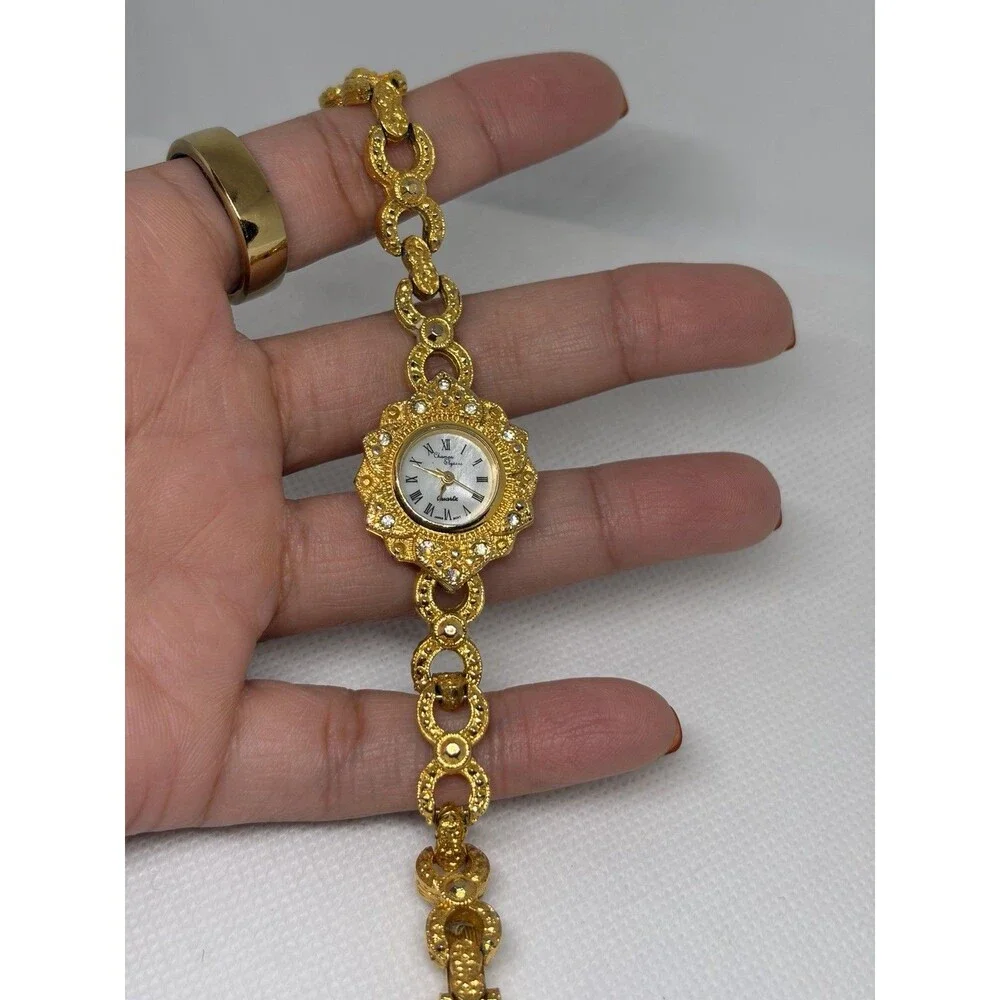 Vintage Champs Elysees Gold Tone Rhinestone Bracelet Watch – Working
